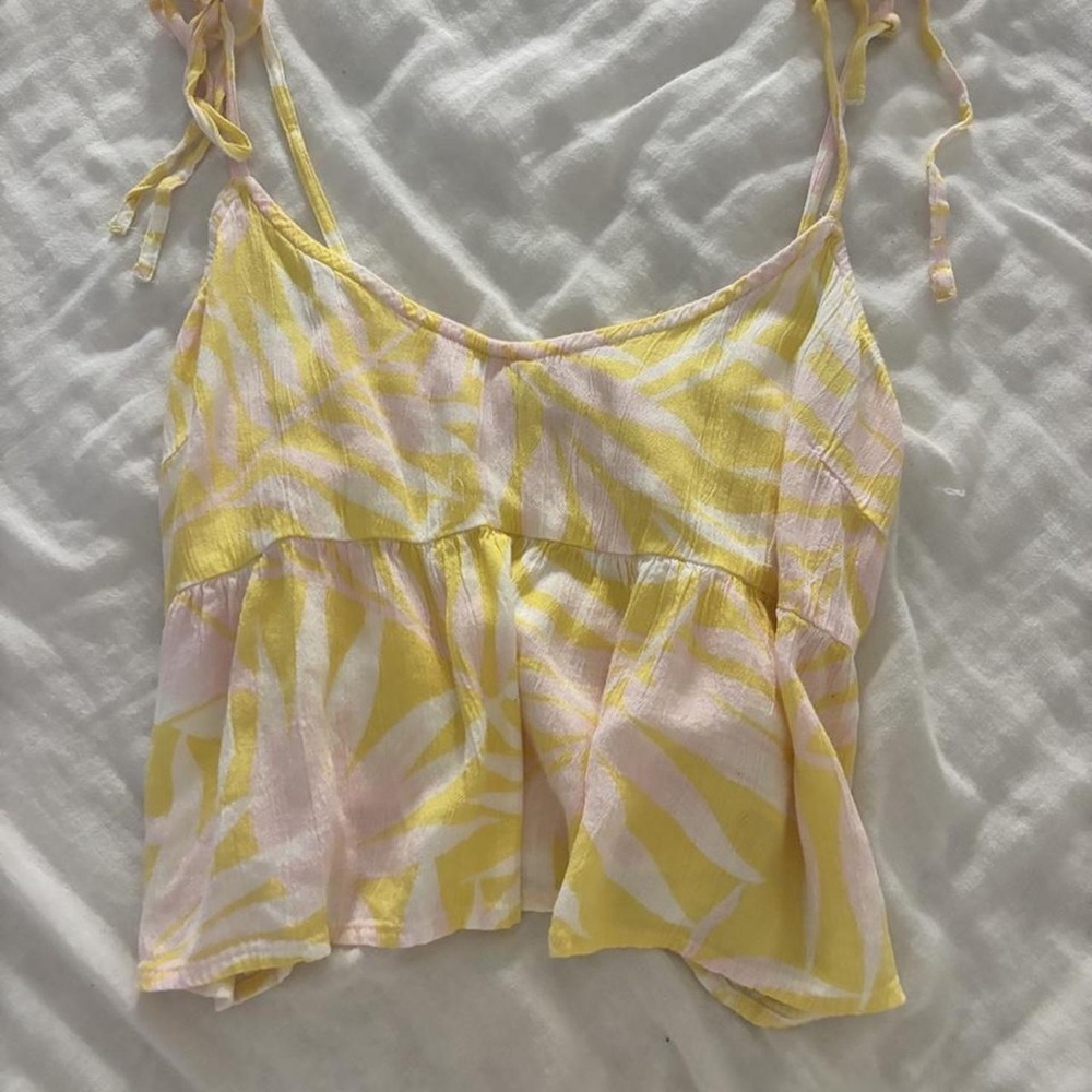 Billabong Yellow & Light Pink Tie-Strap Ruffle Crop Cami